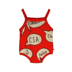 Beau Loves Rompers> Knit Baby Romper, Ecru/Tomato Red, Hello, Speech Bubbles