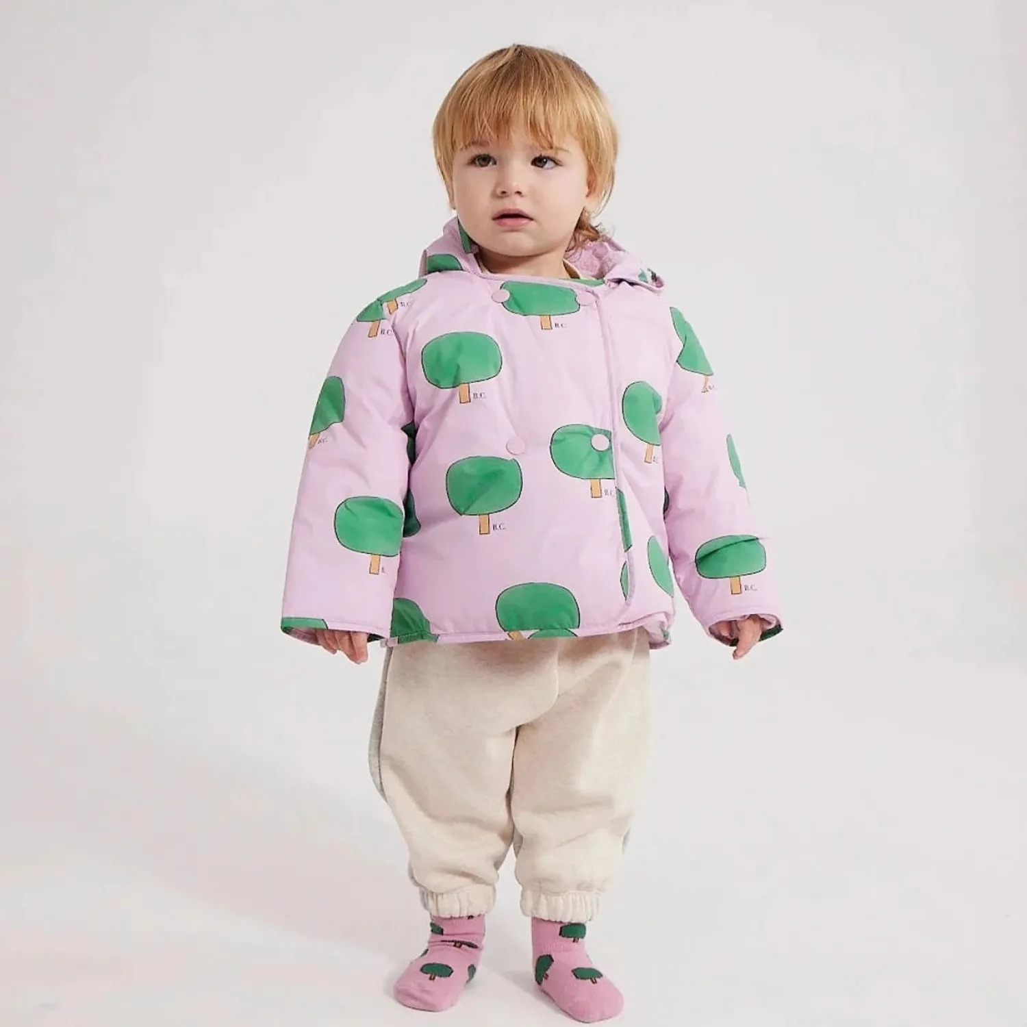 Bobo Choses Jackets> Baby Green Tree All Over Hooded Puffer Jacket