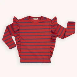 CARLIJNQ Blouses> Stripes Red/Blue - Ruffled Organic Kids Top