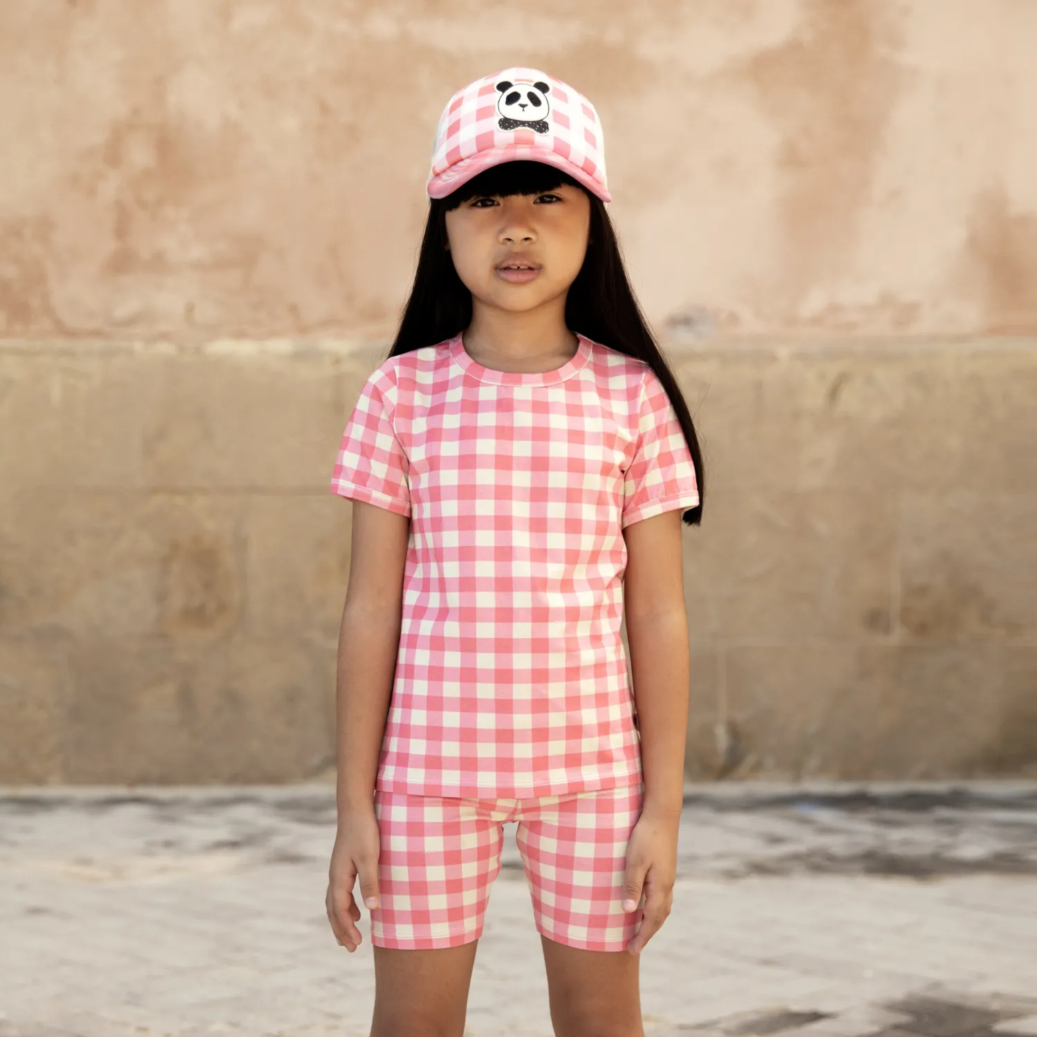 Mini Rodini Hats> Panda Gingham Check Cap Pink