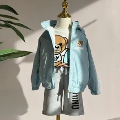 Moschino Jackets> Baby Bear Toy Rattle Hooded Jacket Baby Blue