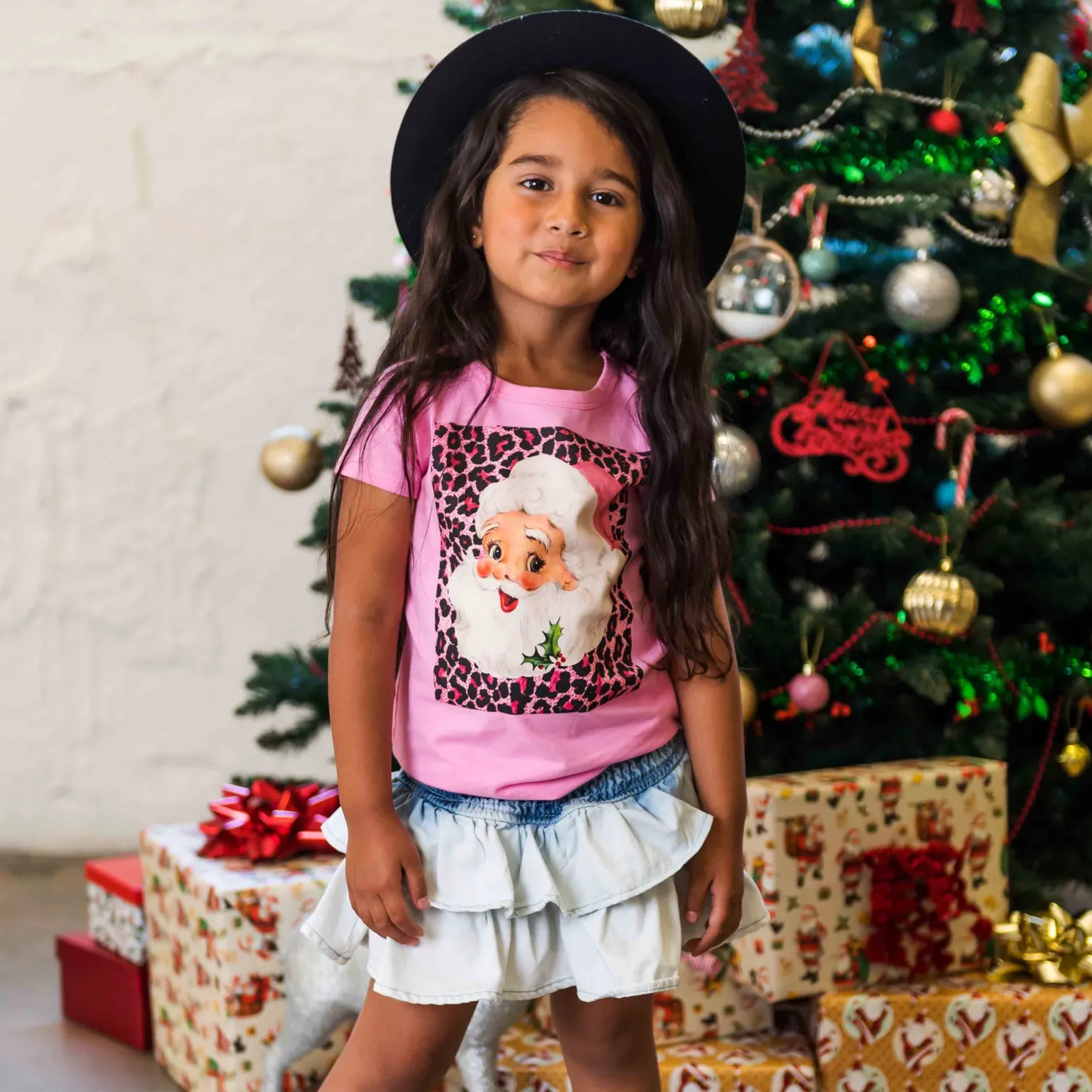 Rock Your Baby Long Sleeve T Shirts> Pink Leopard Santa T Shirt